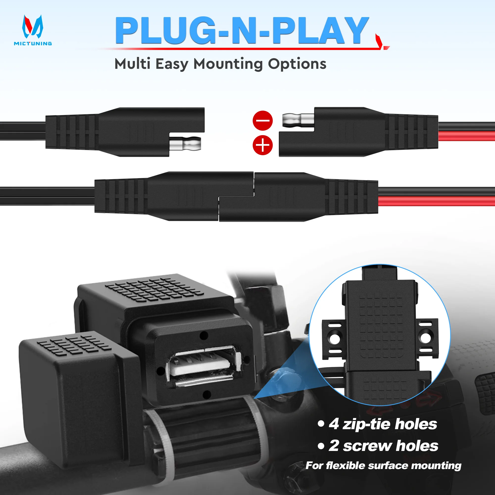 MICTUNING SAE-USB-кабель-адаптер SAE быстроразъемный 2 1 А водонепроницаемый USB-порт с