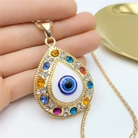 vintage turkey evil eye pendant necklaces for women hollowed water drop palm round rhinestone blue eyes choker clavicle chain