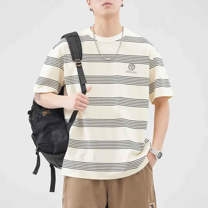 Ankay Japanese Vintage Striped Short Sleeve Men's T-shirt Loose Fit New Style Trendy Brand Half Body Round Neck