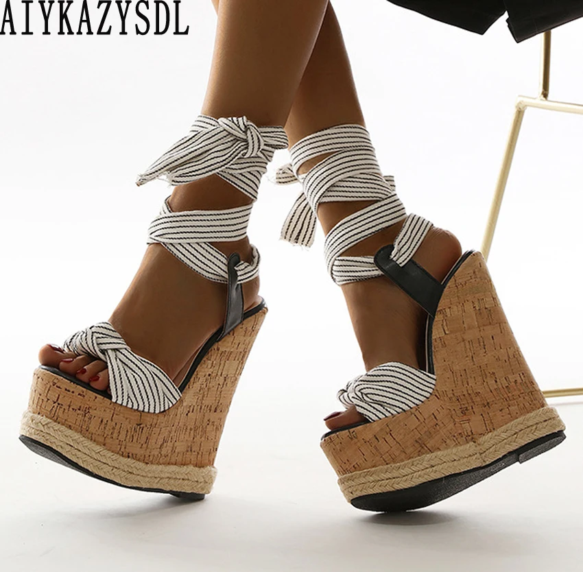 

AIYKAZYSDL Women Cross Strap Gladiator Rome Sandals Wood Cork Shoes Platform Weave Cane Hemp Strap Rope Wedge High Heel Sandals