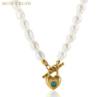muse crush elegant natural freshwater pearl necklace stainless steel statement heart pendant ot buckle necklace for women girl