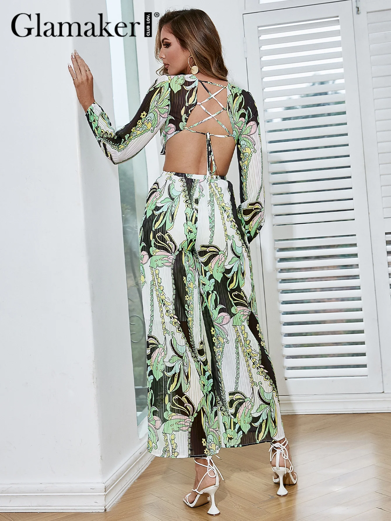 Женский шифоновый комбинезон с цветочным принтом длинным рукавом и открытой