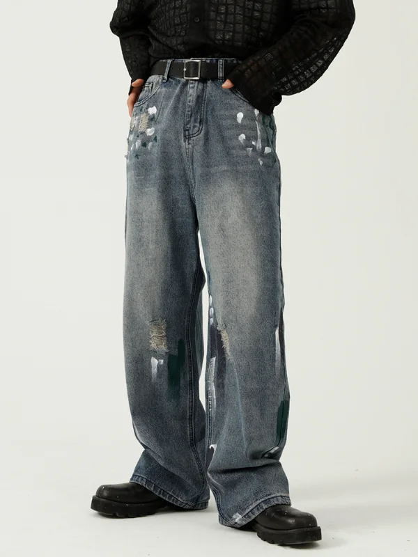

Мужские потертые джинсы в стиле оверсайз, рваные синие брюки из денима в стиле панк, стиль хип-хоп, Y2K