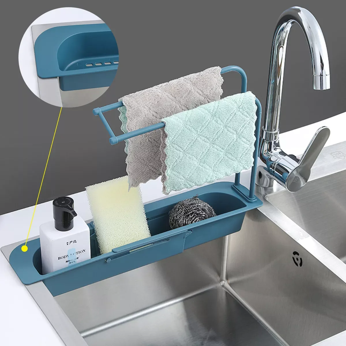 

2022Sink Drainer Shelf Organizer Adjustable Telescopic Sink Drying Rack Sponge Towel Rugs Holder Storage Basket Bag Gadgets