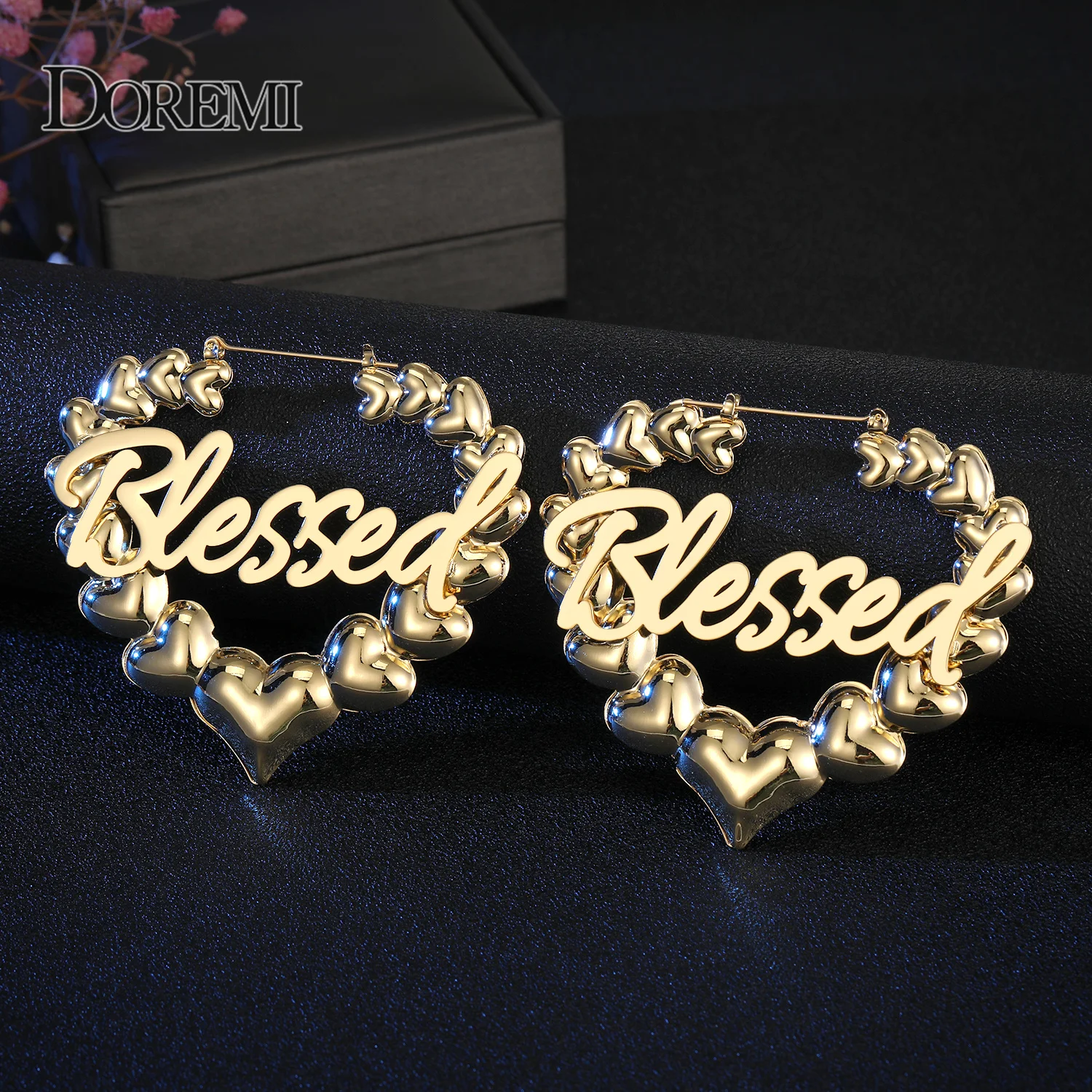 DOREMI 75mm Stainless Personalize Name Earrings for Women Bubble Heart Hoops Customized Name Earring Personalized Custom Jewelry