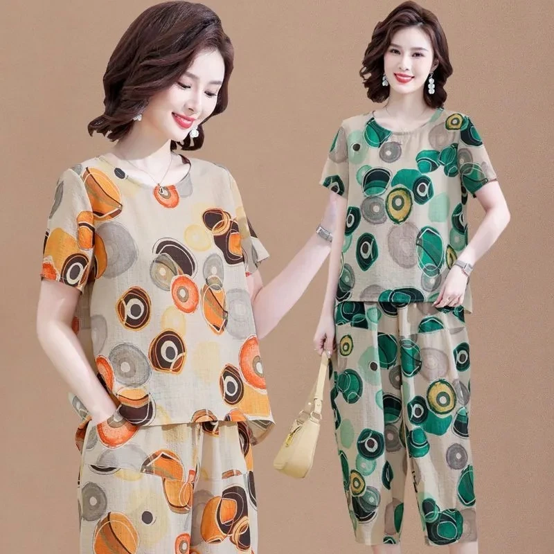 Новые летние комплекты из футболки с коротким рукавом костюм хлопка и льна для