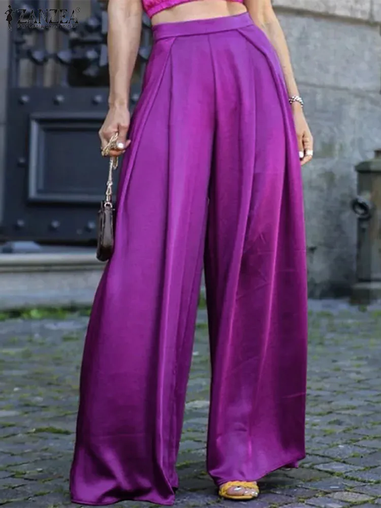 

ZANZEA Women Oversized Casual Solid Loose Trouses Fashion Office Lady Worek Wears Palazzo Pants Satin Pants Pleated Suits Pants