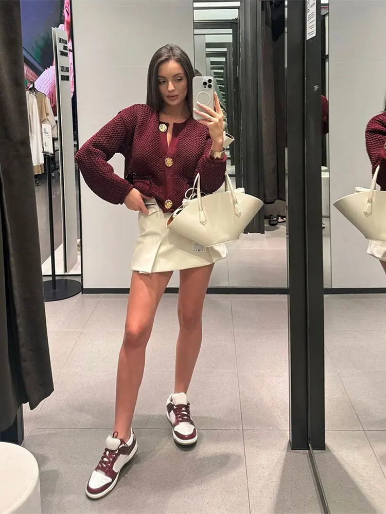 Элегантный однотонный вязаный кардиган с круглым вырезом женская мода