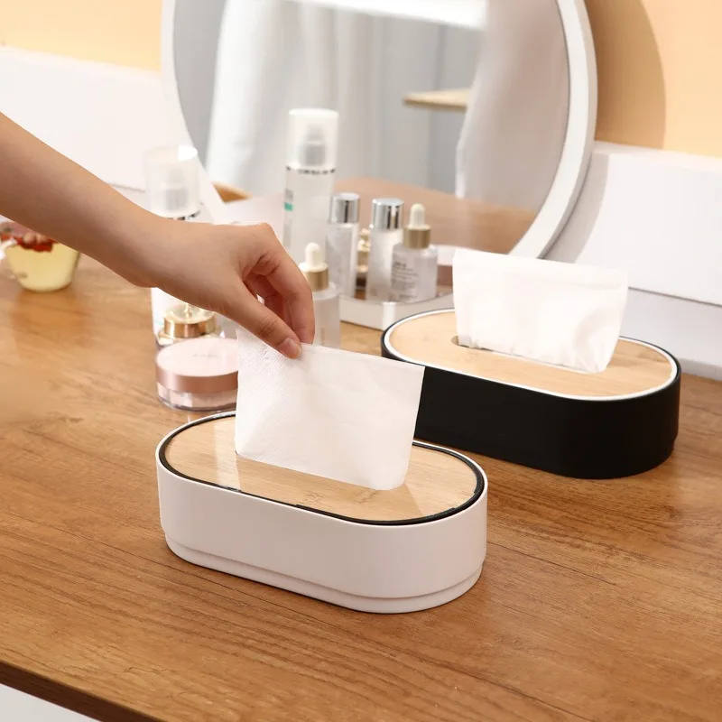 

Tissue Box Wooden Cover Solid Color Tissue Box with Groove Multifunctional Household Coffee Table Tissue Plastic Storage Box