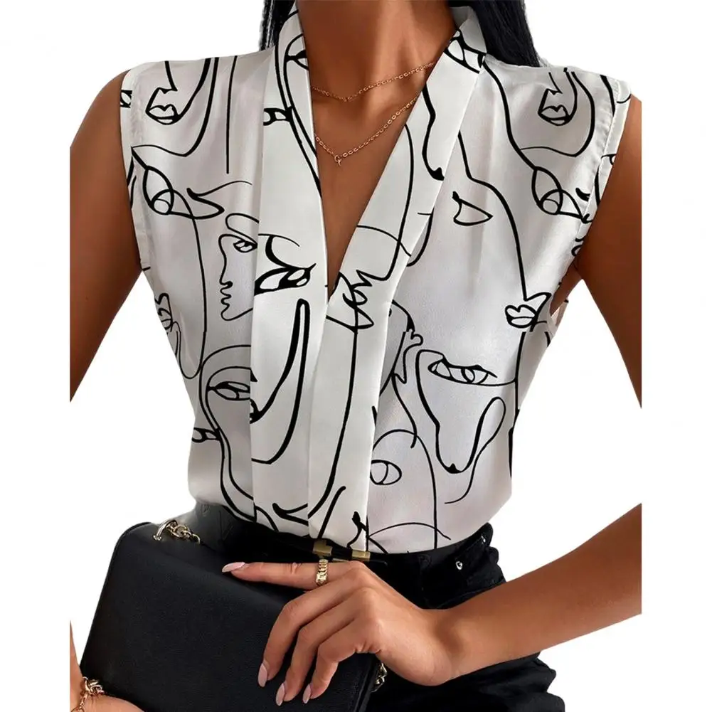 

Elegant Women Shirt Blouses Sleeveless Printing V-neck Comfy Loose Dress Up Breathable Summer Women Tank Top Work Wear