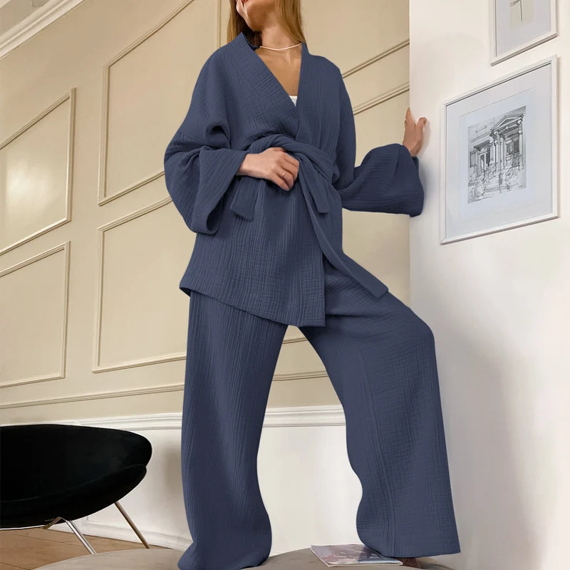 

Autumn Simple Solid Loose Sweat Steaming Outfit Women V-neck Tie Up Top + Long Pant Homewear Nightgown Suit Casual Two Piece Set