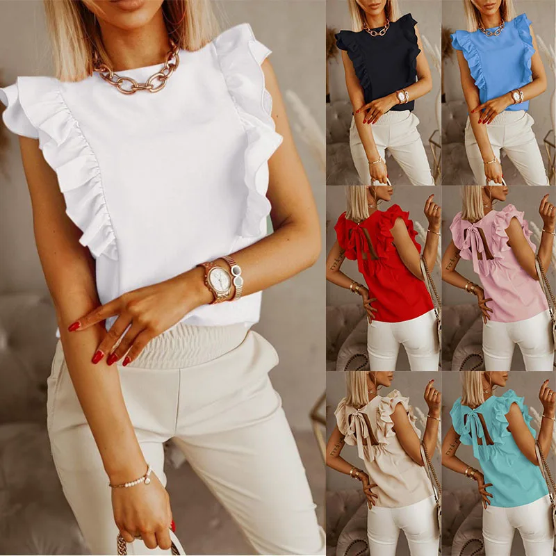 

2022 summer new loose round neck solid color ruffle short-sleeved shirt women