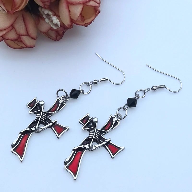 

Dark Art Gothic Aesthetic Style Red Skull Cross Earrings Jewelry Design Punk Pendant Earrings Alternative Girl Mystery Gift