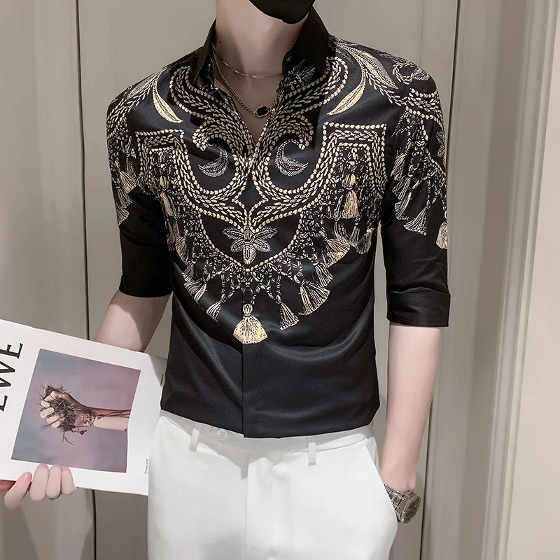 

Plus Size 4XL-M Luxury Print Half Sleeve Tuxedo Shirts For Men Clothing 2022 Slim Fit Casual Camisas De Hombre Black/White Sale