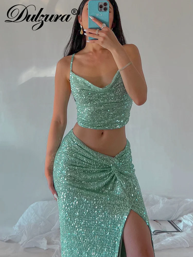 

Dulzura/Женская Блестящая одежда с блестками Y2K, комплект из 2 предметов, укороченный топ без рукавов с открытой спиной и разрезом сбоку, облегаю...