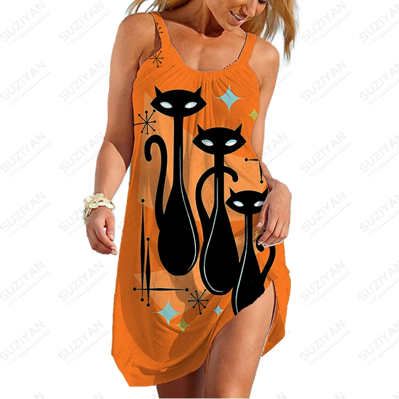 

Summer new ladies suspender dress, cat 3D printed lady camisole dress, fashion trend, casual loose ladies suspender dress