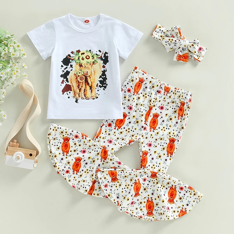 

Летняя одежда для маленьких девочек, белая футболка с коротким рукавом и принтом крупного рогатого скота + цветочные расклешенные брюки + по...