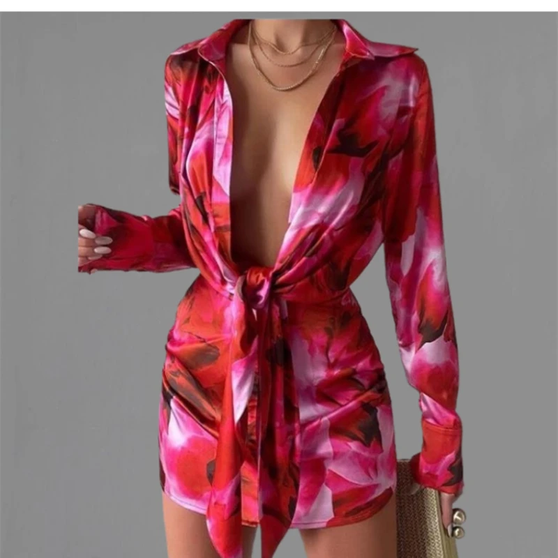 

2022 Women New Dress Long-Sleeve Turn Down Neck Printed Lace-Up Shirt Dress Robe Stylish Female Dress Woman
