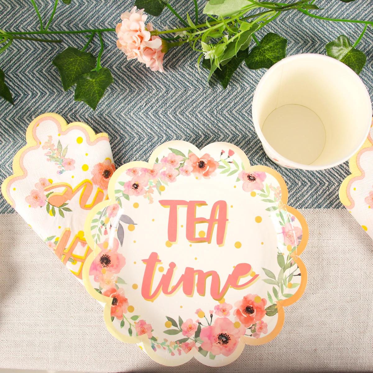 

Floral Tea Time Darty Disposable Tableware Paper Plate Cup Napkin Wedding Birthday Party Decoration Baby Shower Tableware