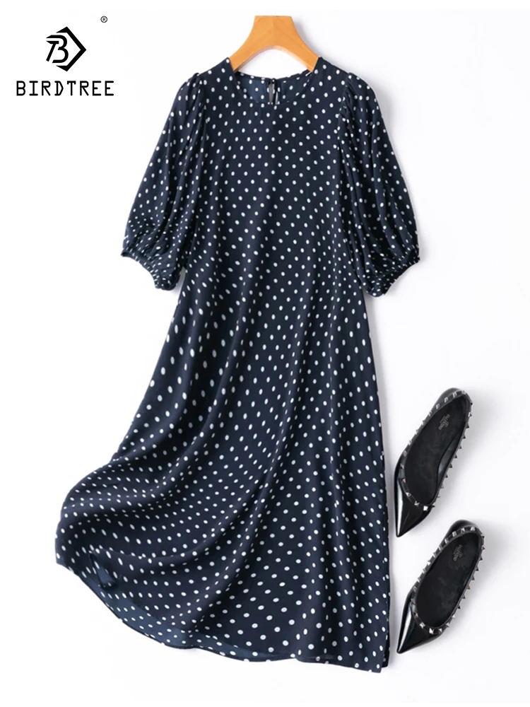 

Birdtree 100%Mulberry Silk Women Mini Dresses Dots Printed A Line Puff Sleeves Dress 2023 Spring Summer Holiday Clothes D36034QC