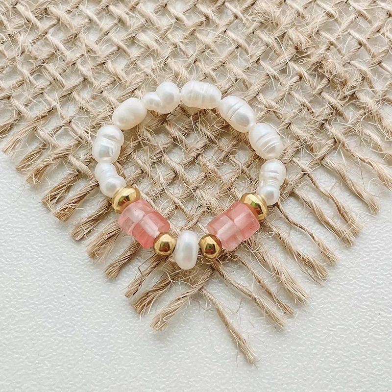 

Fashion Freshwater Pearl Natural Stone Rings Delicacy Jewelry For Women Strench Rope Wedding Ring Adjustable Party Birthday Gift