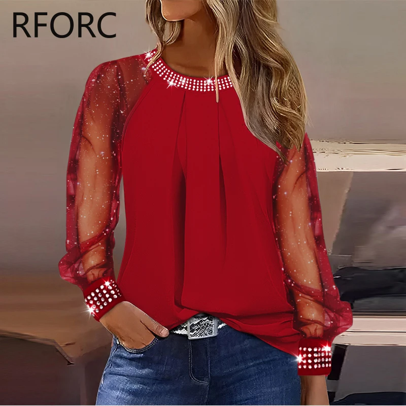 Женская блестящая блузка с круглым вырезом повседневный черный топ 2023