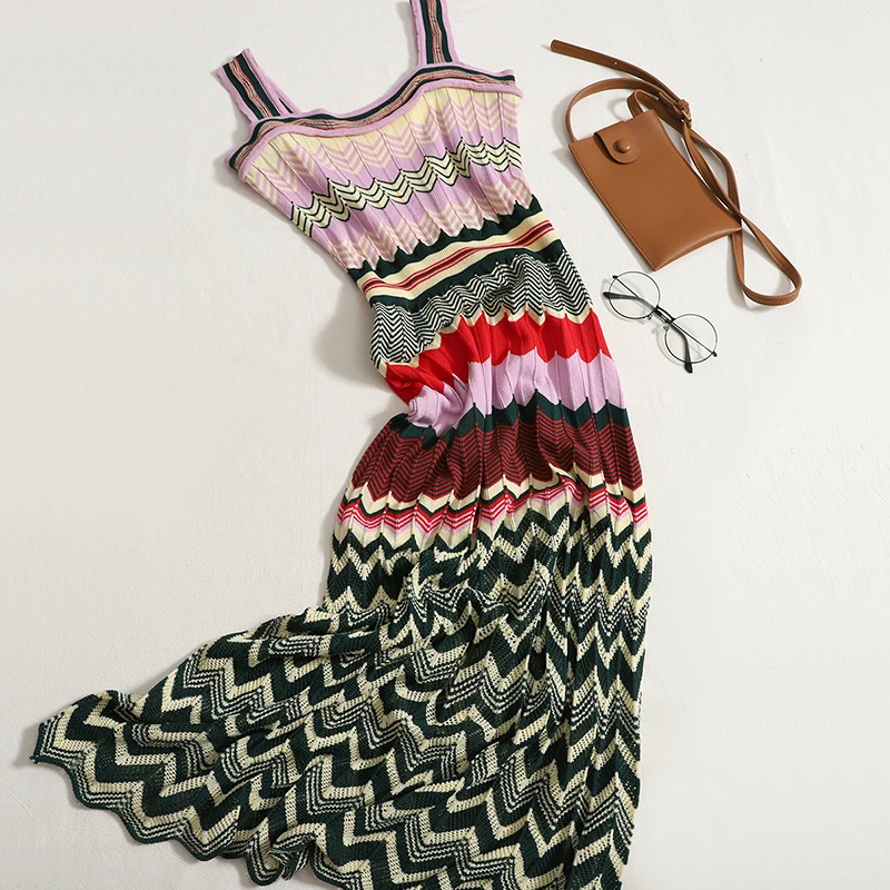 

Korean Contrast color knitted suspender Dress women's summer new casual slim long dresses bag hip seaside holiday style sundress
