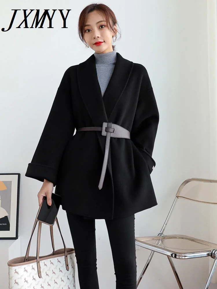 

JXMYY Woolen Coat Women's Mid-Long Version 2023 Autumn/Winter New Cloak Black Elegant Tweed Coat