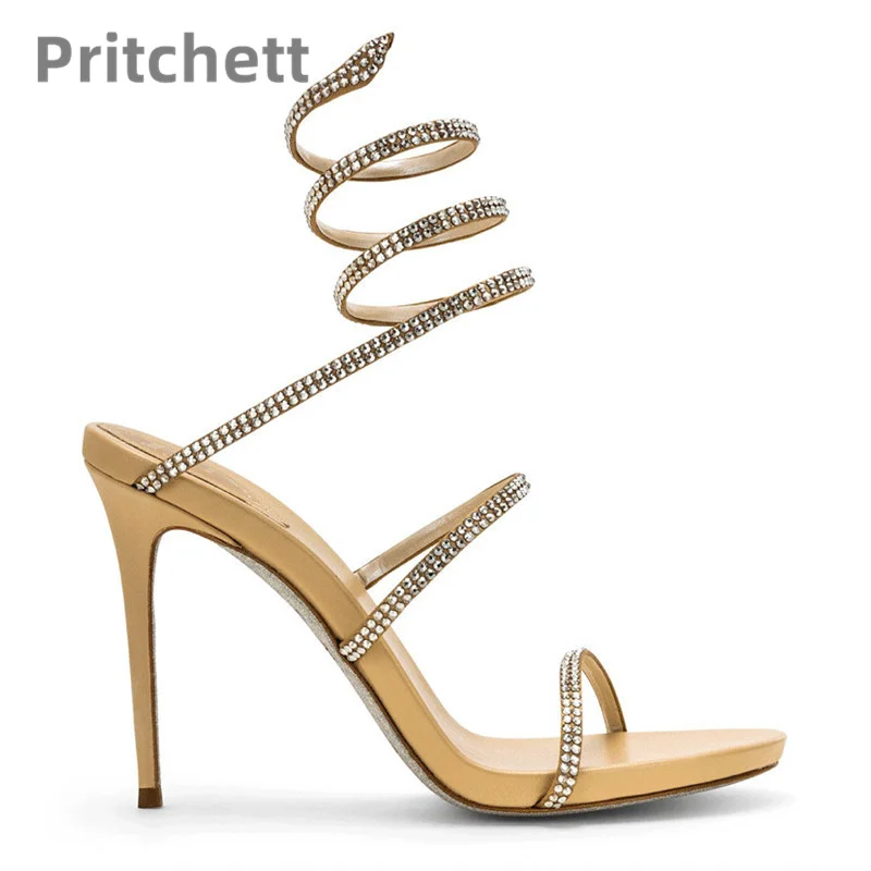 2023 Summer New Strap Super High Heel Roman Sandals Women's Slim Heel Versatile Elegant Snake Shaped Wrapped Rhinestone Sandals