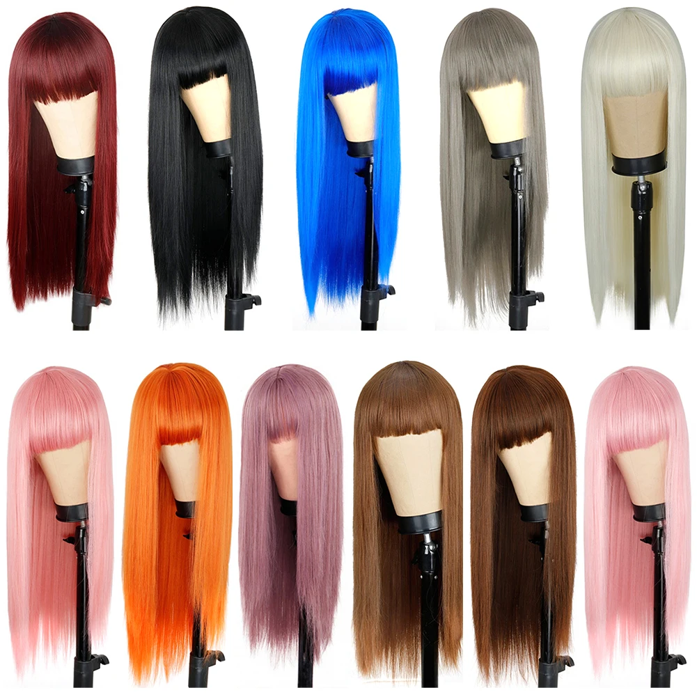 

European American Long Straight Wig With Bangs Synthetic Hair Wigs Bang With Wig For Women Heat Resistant Wigs Multi color