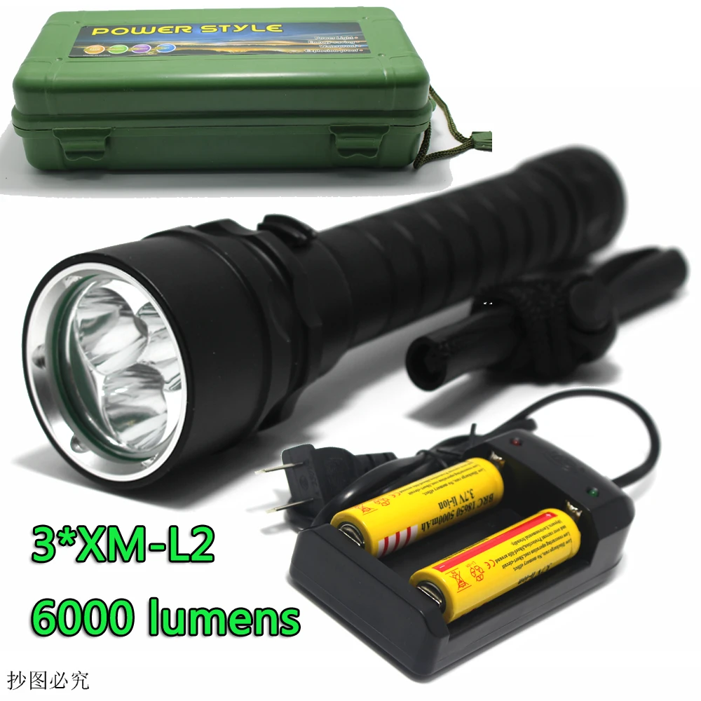 

Фонарик для дайвинга светодиодный 3 x CREE XM-L2 6000 lumensHigh Power 3T6, профессиональный водонепроницаемый набор фонариков для дайвинга и кемпинга