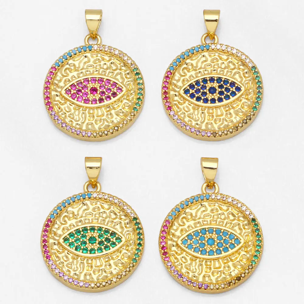 

OCESRIO Multicolor Copper CZ Turkish Eye Pendant for Necklace Bracelet Making Gold Plated Coin Pendant Jewelry Making pdta798