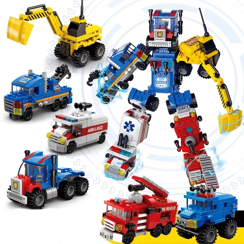482 Шт. 6-в-1 Городской Трансформер Набор Транспортных Средств-пожарная Машина