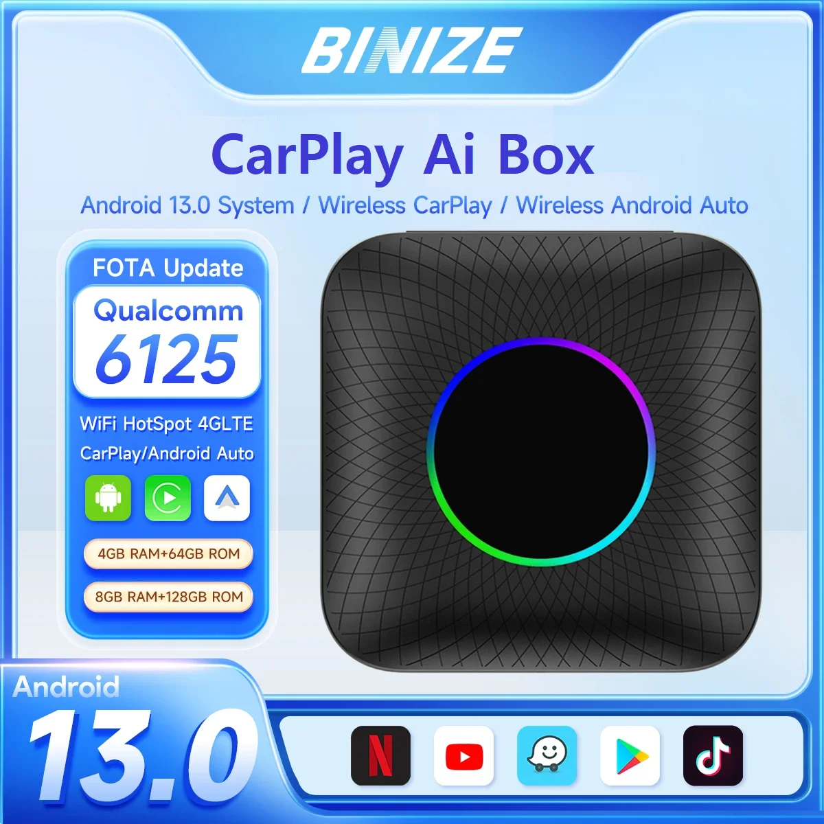 Binize CarPlay Ai Box Android 13.0 Беспроводной Auto QCM6125 8-ядерный 4G LTE Поддержка Youtube Netflix FOTA