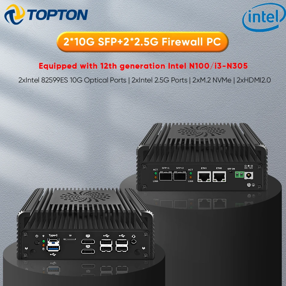 Мини-ПК 2x10G SFP+ 12-й Intel i3 N305 N100 брандмауэр-маршрутизатор мини-ПК 2xi226-V 2.5G 2xNVMe 2xHD DDR5 AES-NI