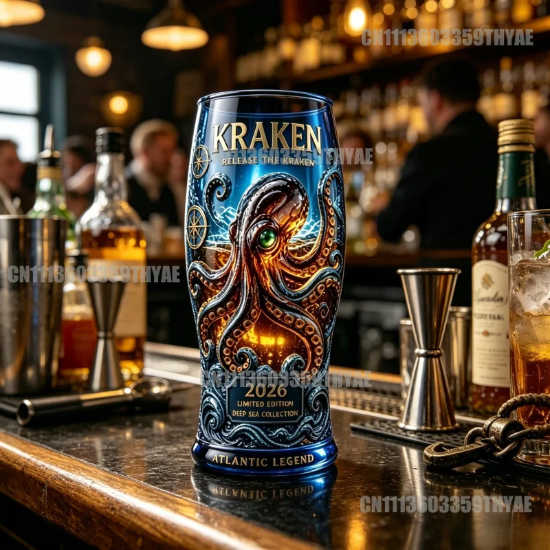Фото Стеклянный стакан Kraken Atlantic Legend 2026 Limited Edition, синий, с принтом глубоководного осьминога, для коллекционеров и любителей бара №5