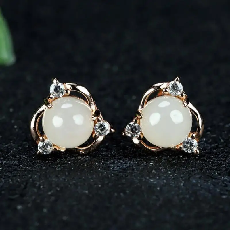 

Send Certificate 925 Sterling Silver Diamond White Jade Stud Earrings Women Fine Jewelry Real Chinese Hetian Jades Ball Earring