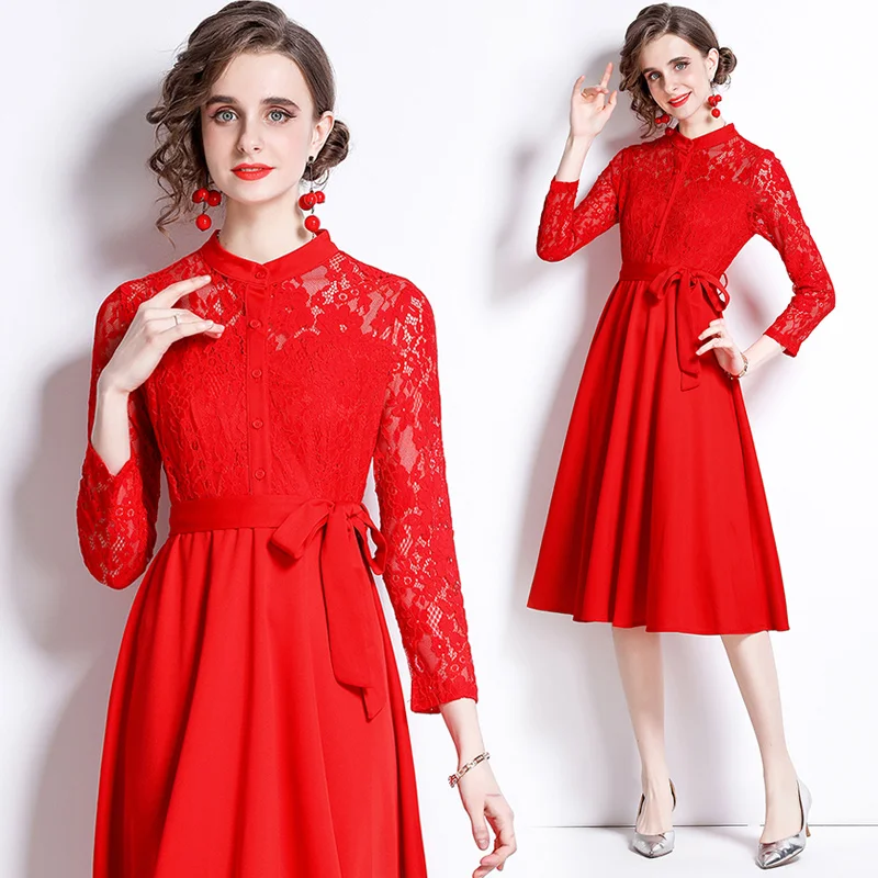 

Design Chic Hollow Out Patchwork Red Lace Birthday Dress Elegant Runway Spring/Autumn Luxury Party French Dress Vestido Feminino