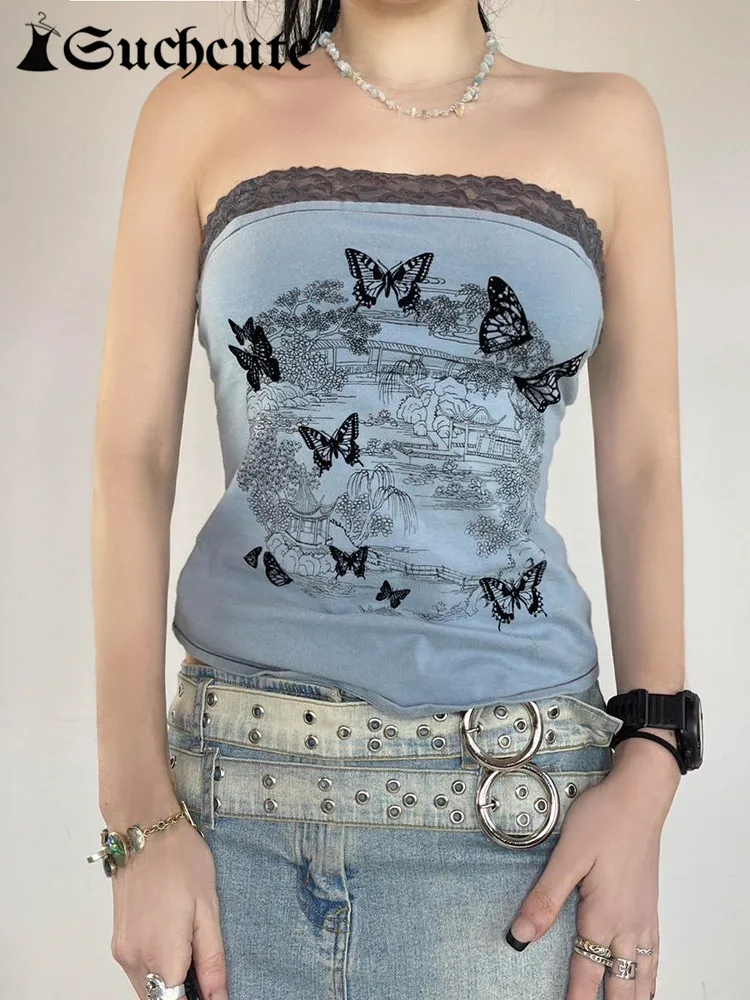 

SUCHCUTE Kwaii y2k Butterfly Print Crop Tops Women Sexy Sleeveless Lace Up Tank Top Fairycore Streetwear Blue Clothes Summer