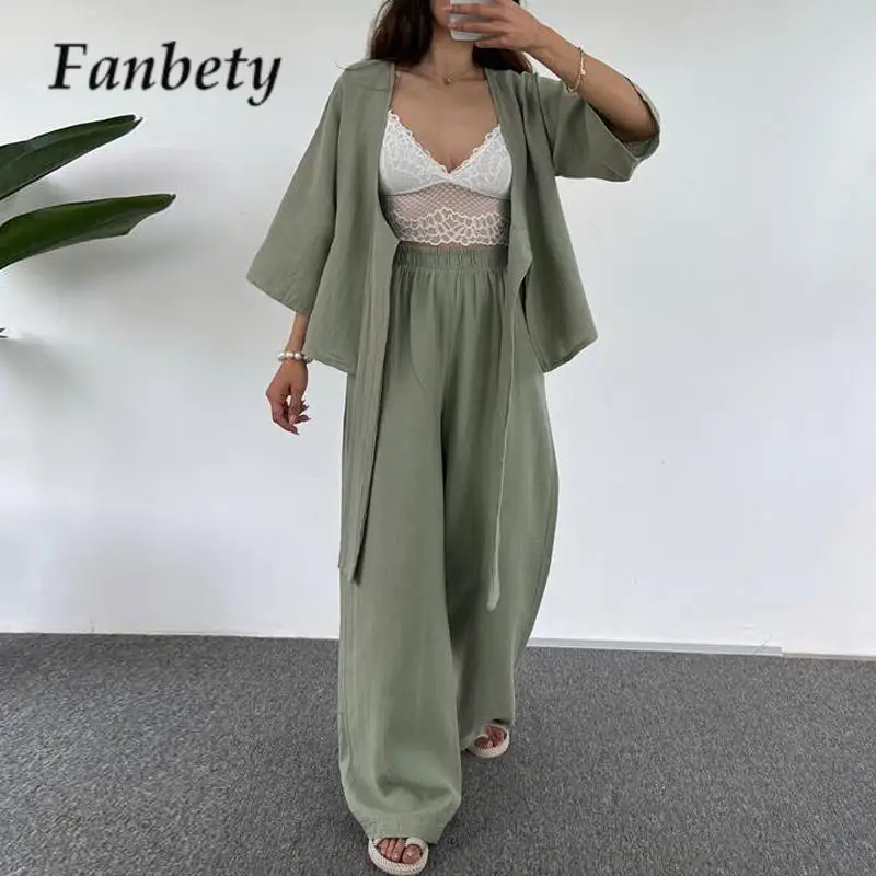 

Fashion Solid Color Cardigan Top and Pants Set Women's Loose Casual Suit Summer Thin Lace-up High Waist Straight Pants 2 pcs Set