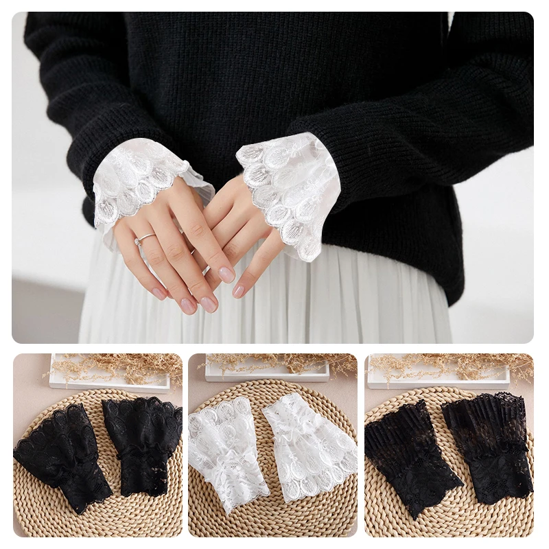 

Female Sweater Fake Sleeves Hollow Out Crochet Floral Lace Horn Cuffs Embroidery Flounces Ruffles Elastic Wrist Warmers Hot Sale