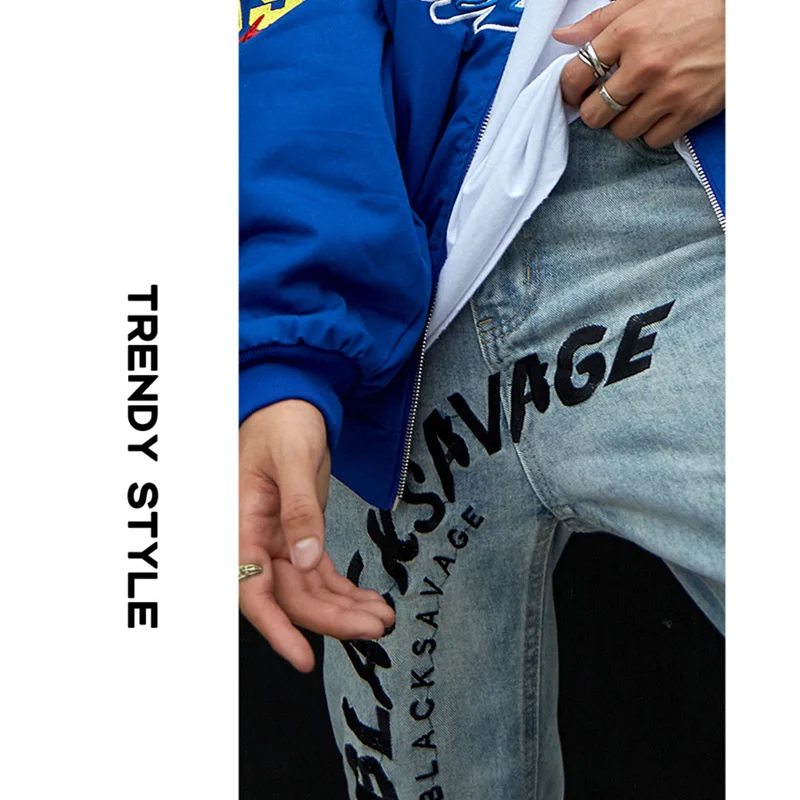 Streetwear Men Embroidered Letter Recreational Jeans Sense of 2022 Design Vintage Blue Straight Pants Autumn and Winter Female