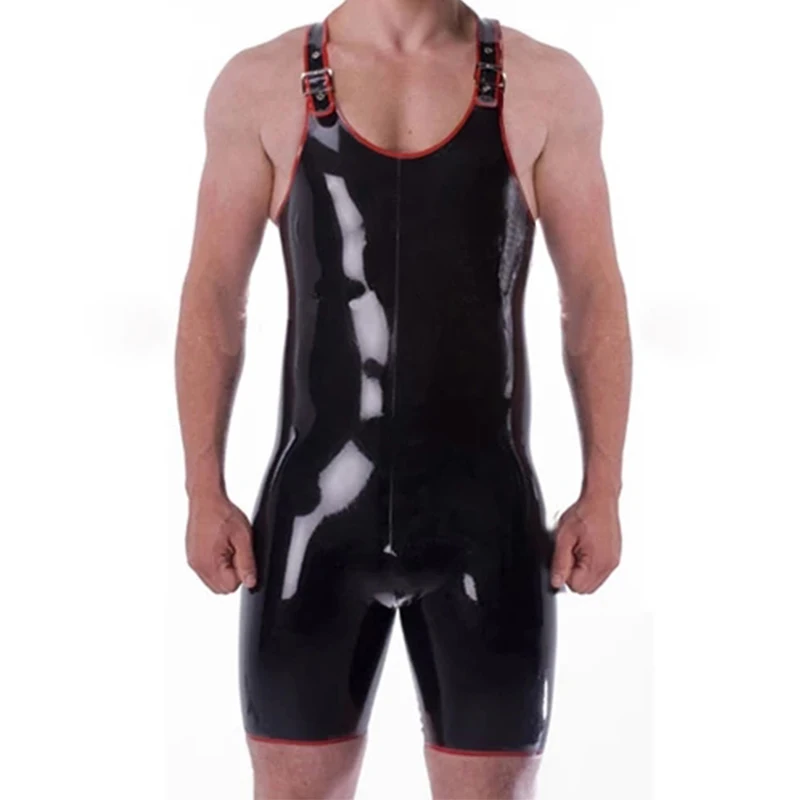 Latex Rubber Gummi Leotard Unique Jumpsuits Black with Red Trims Cool Rompers Customized.4mm