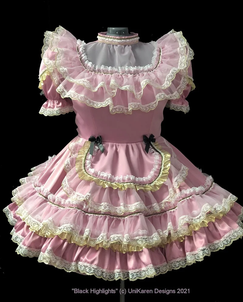 

Pink Satin Shalin Bubble Sleeve Maid Adult Sissy Dress Lovely Sweet Ruffle Cake Skirt