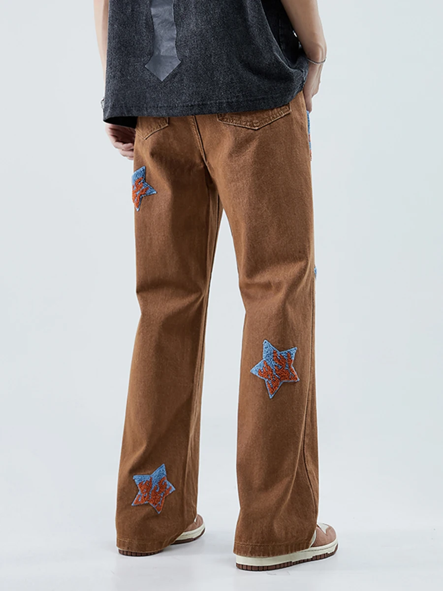 Four Seasons Men Jeans Embroidered Letters Cow Trend Hip Hop Loose Casual Wide Leg Nine-point Pants Streetwear Men ins Hot Sale