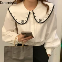 koamissa elegant lady white shirt sweet peter pan collar embroidery blouses woman puff long sleeve tops 2022 new fashion clothes