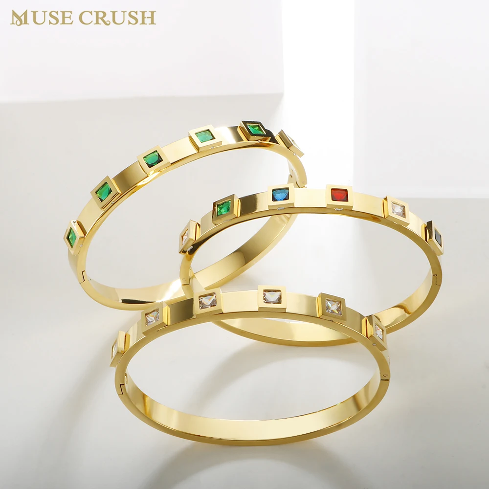 

Luxury Square Cubic Zirconia Bracelet Stainless Steel Waterproof Jewelry Shiny CZ Bangle Bracelets for Women Jewelry Accessory