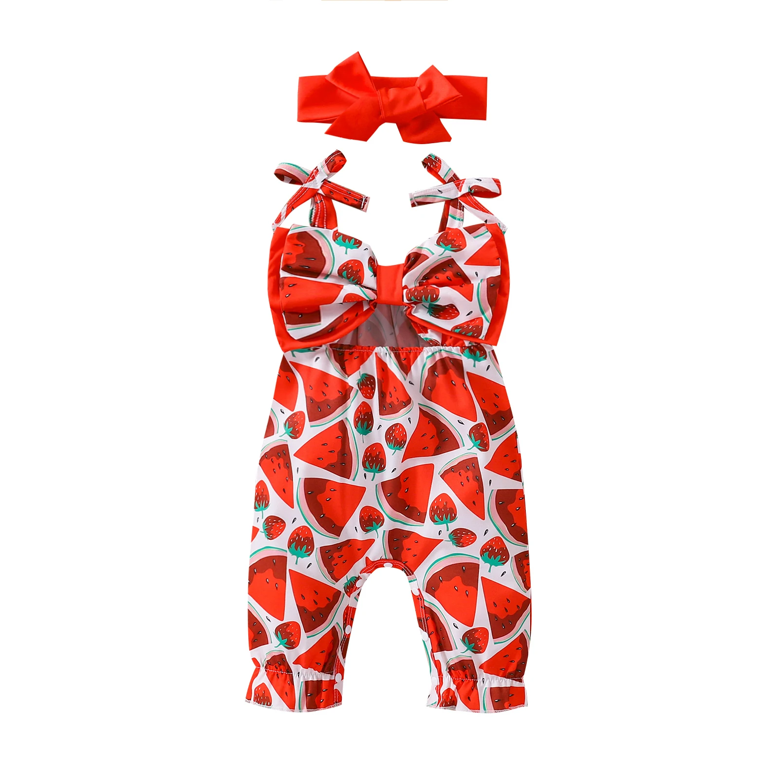 

Kids Toddler Baby Sleeveless Jumpsuit Bow Headband Watermelon Pattern Loose Fit Cotton Romper Clothing