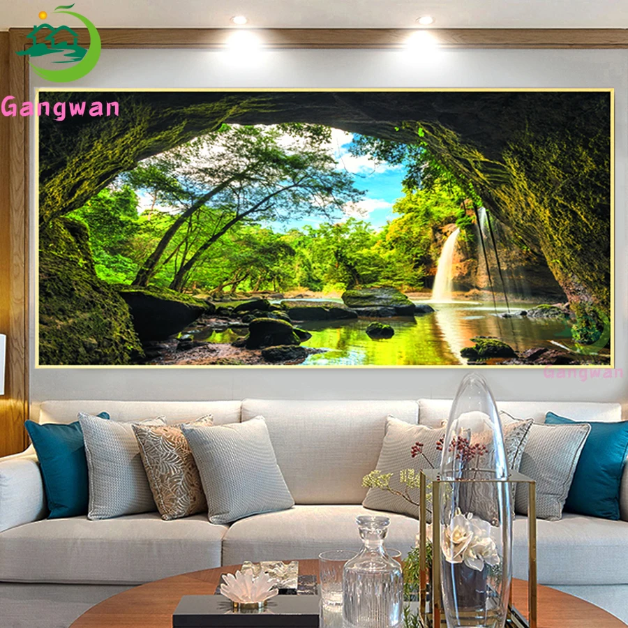 

Алмазная мозаика из натурального леса, алмазная вышивка с отверстиями, деревом, водопадом, 5d алмазная живопись «сделай сам», полноразмерная...