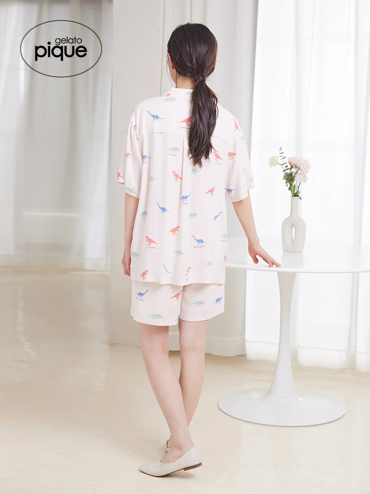 Loungwear Room Wear Ladies Gelato Pique Summer Women's Pajamas Satin Color Dinosaur Shirt Cool Feeling Sleepwear